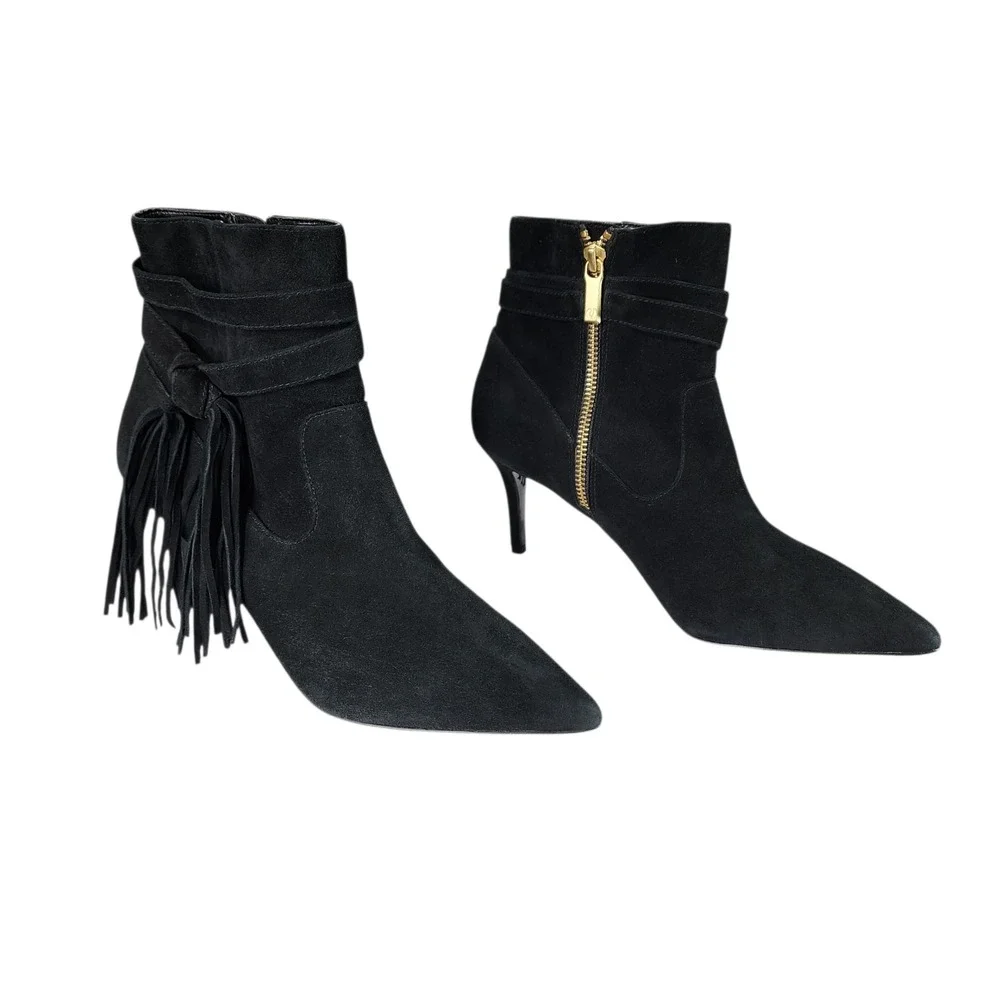 Charles Jourdan Paris Ankle Boots sz 7 Women Black Suede Fringe‎ Pointed Toe